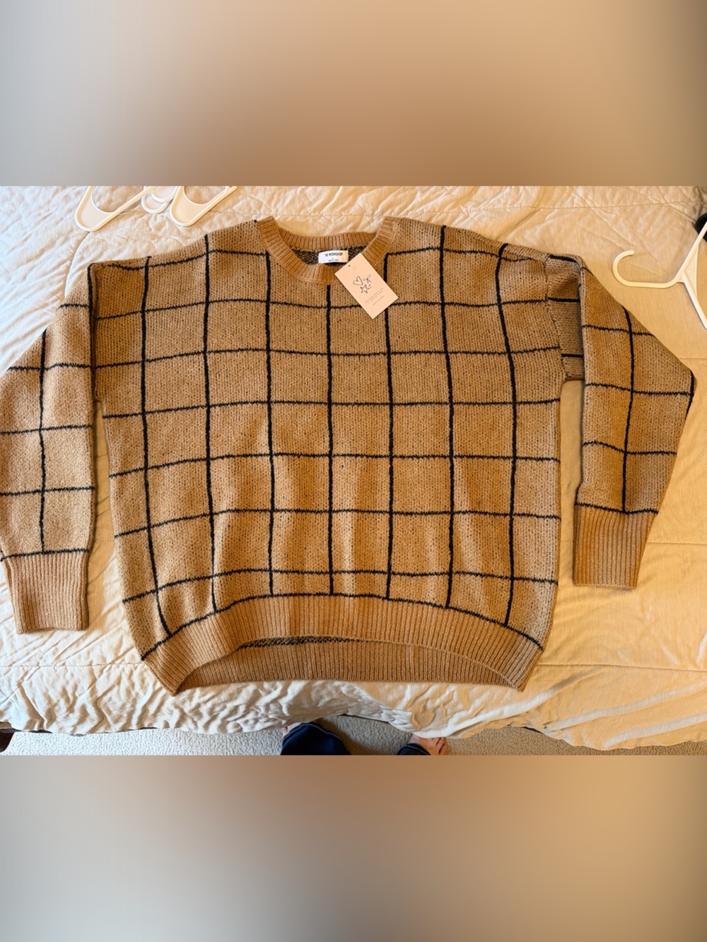 Windowpane Crewneck Sweater in Camel